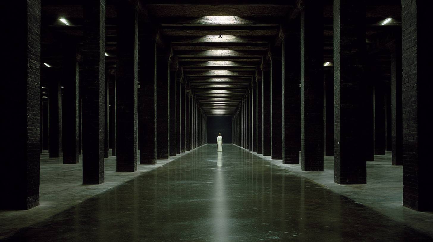 Aiesha, in white, at the far end of a dark pillared hall