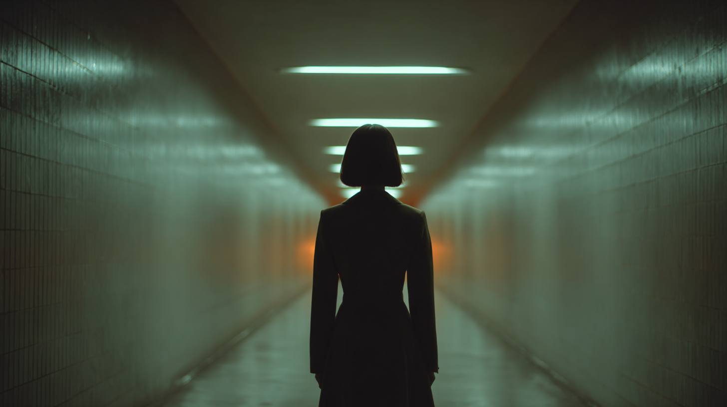 Kira Noir in silhouette at the end of a fluorescent tunnel