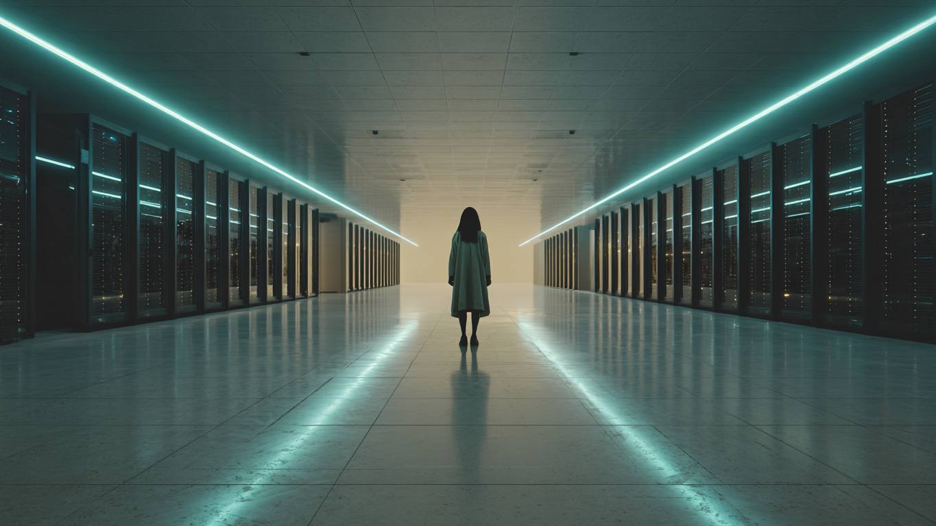 Nikki alone in a glowing server hall