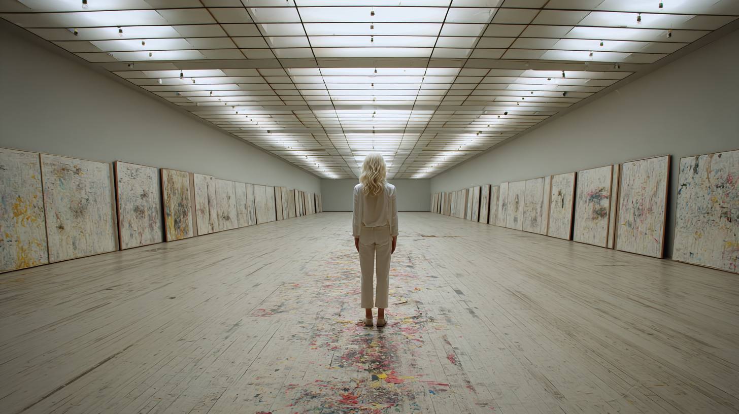 Rhyen standing in a long gallery of paint-splattered canvases