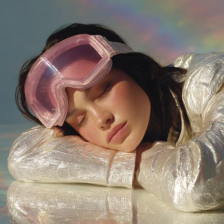 Whitney asleep on a mirrored table, goggles pushed up