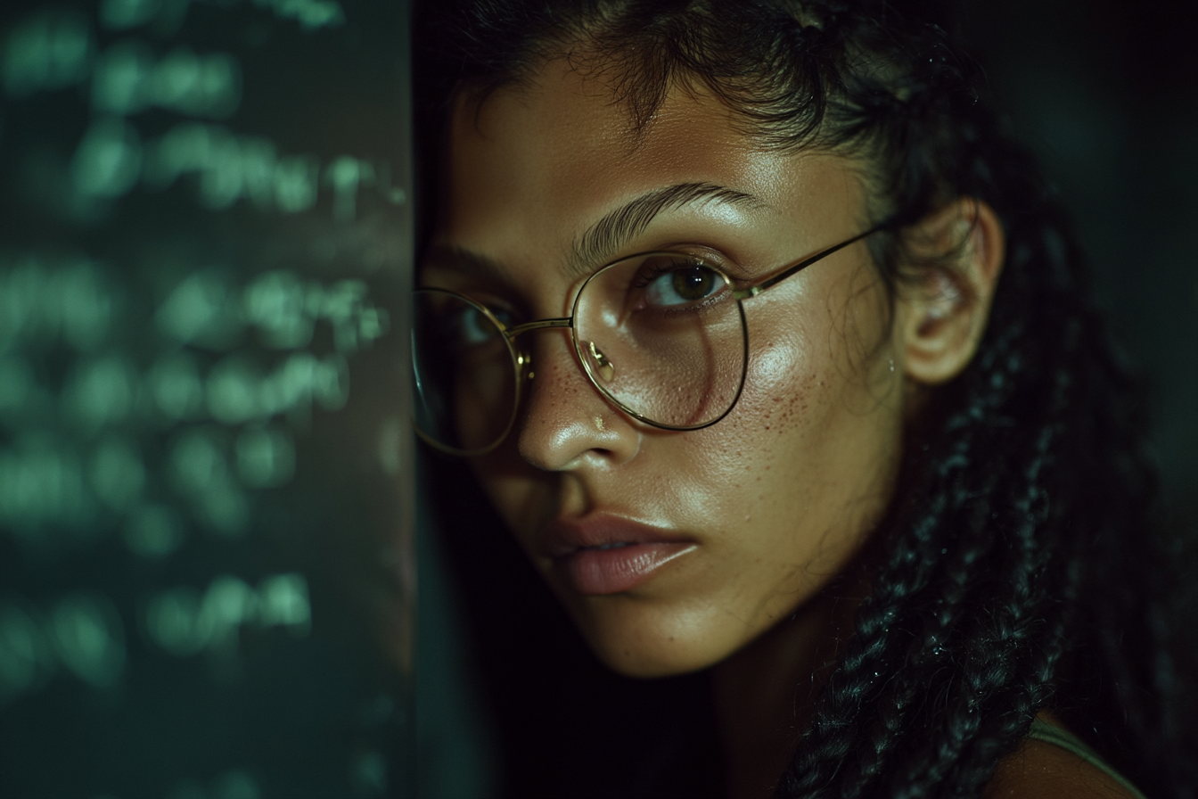 Aiesha in close profile beside a dark chalkboard covered in out-of-focus green equations, gold wire-frame glasses, braids falling past her shoulder