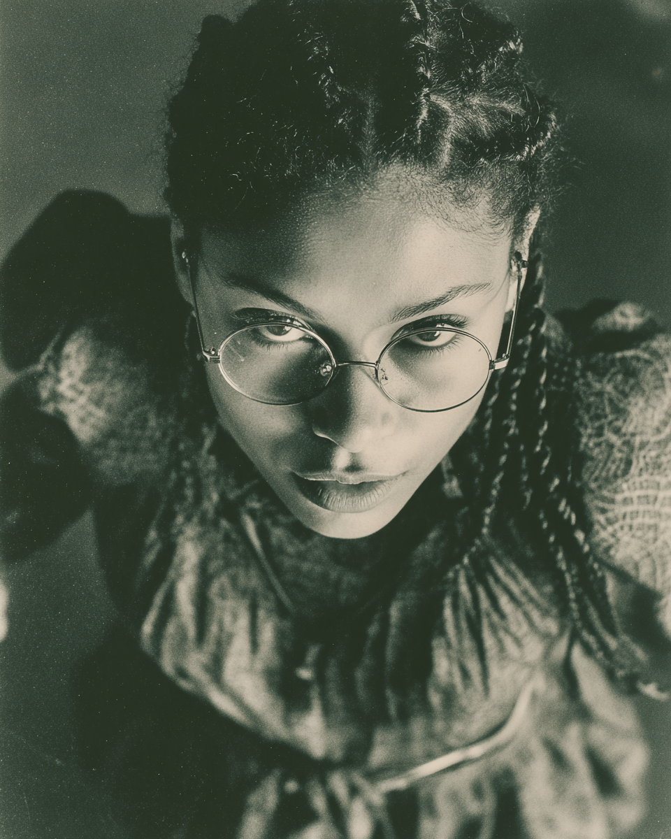 Aiesha shot from above in monochrome, looking up through round wire glasses, cornrowed crown falling into long braids, open-knit outer layer